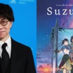 Image of Suzume movie and it's Japanese director Makoto Shinkai