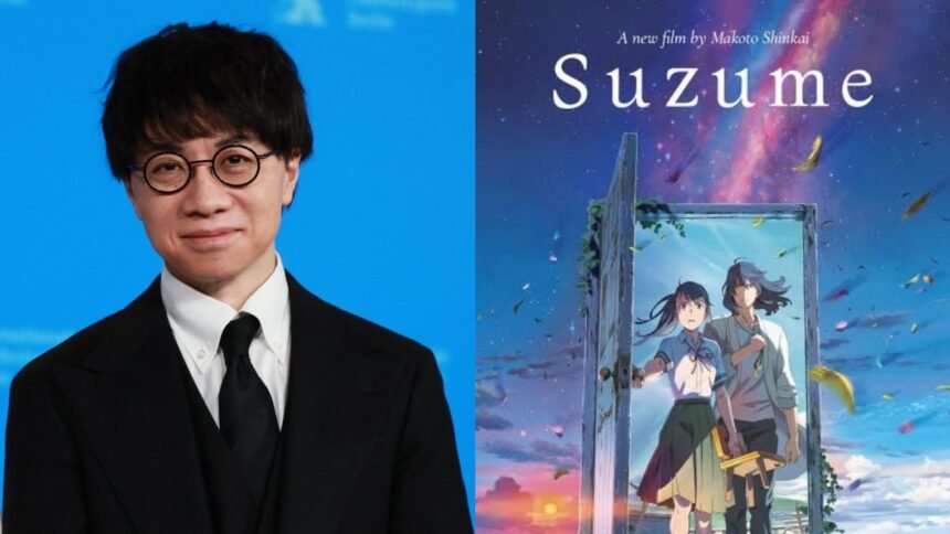 Image of Suzume movie and it's Japanese director Makoto Shinkai